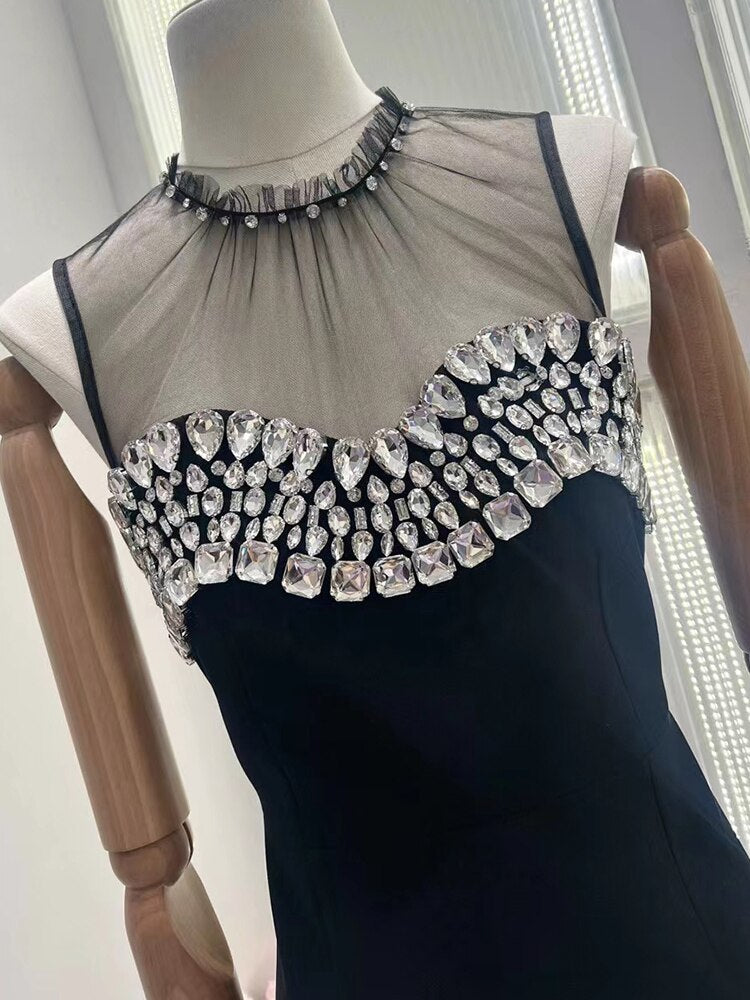 Hit Color Patchwork Mesh Dresses For Women Round Neck Sleeveless High Waist Spliced Diamonds Sexy Dress Female