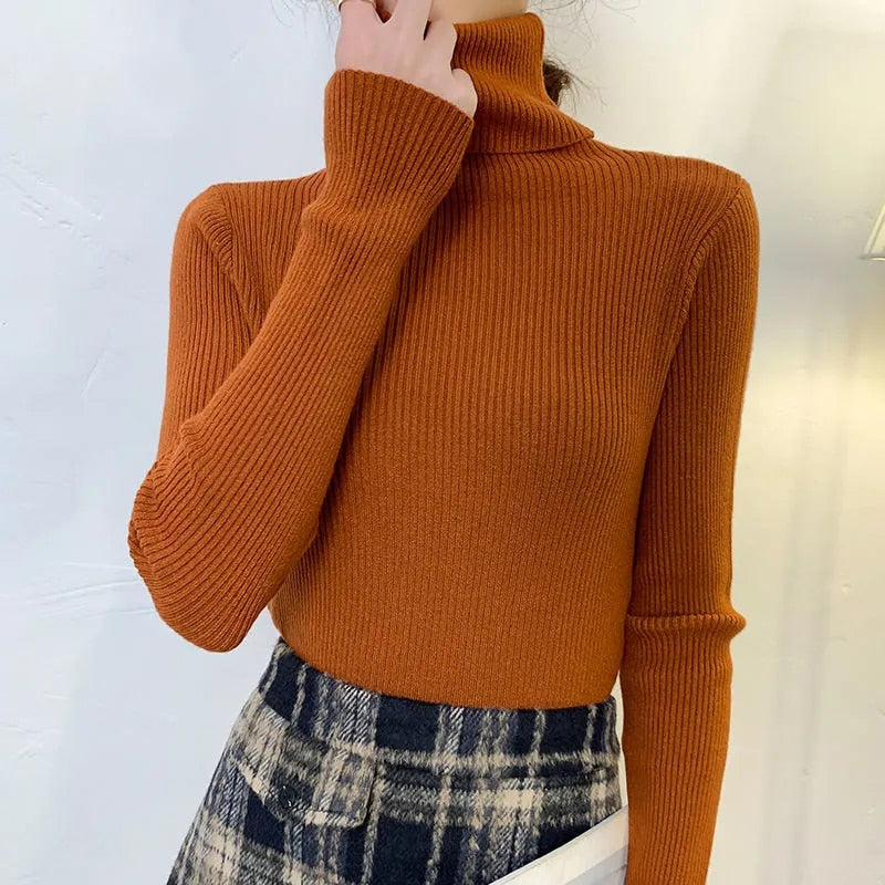 Women Pullover Turtleneck Sweater Autumn Long Sleeve Slim Elastic Korean Simple Basic Cheap Jumper Solid Color Top