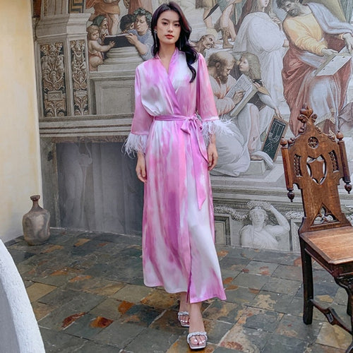 Load image into Gallery viewer, High Quality Women&#39;s Pajamas Long Robe Ostrich Feather Cuffs Sleepwear Satin Luxury Bathrobe Pink Tie-dye Homewear Femme
