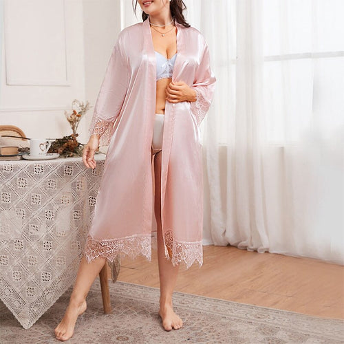 Load image into Gallery viewer, Plus Size Women&#39;s Pajamas Robe V Neck Silk Like Nightrobe Sexy Pink Lace Long Bathrobe Simple Elegant Sleepwear 4XL 5XL
