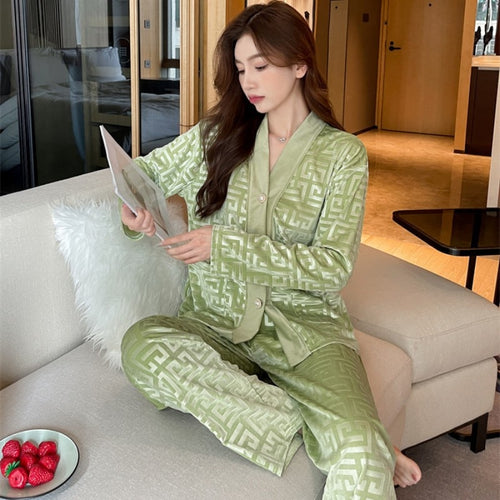 Load image into Gallery viewer, Women&#39;s Pajamas Set Velvet Luxury Pressed Stripes Pattern Sleepwear Casual Homewear V Neck Nightwear Pyjama Femme Petite
