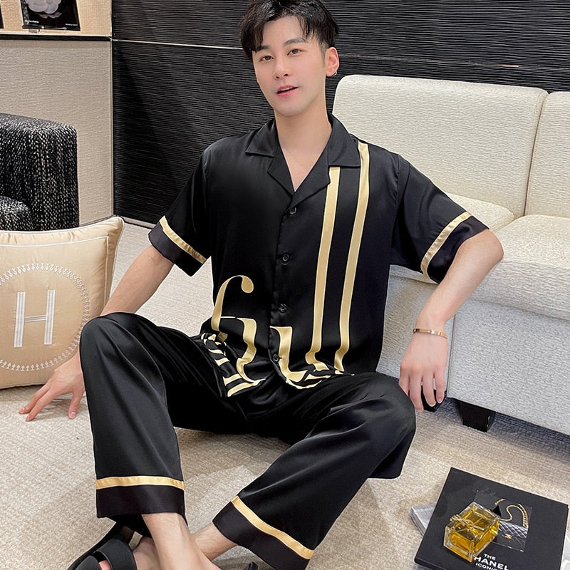 Men's Pajamas Spring Summer Youth Short Sleeve Pants Two Piece Home Suit Large Fashion Simulation Silk Cardigan Homewear