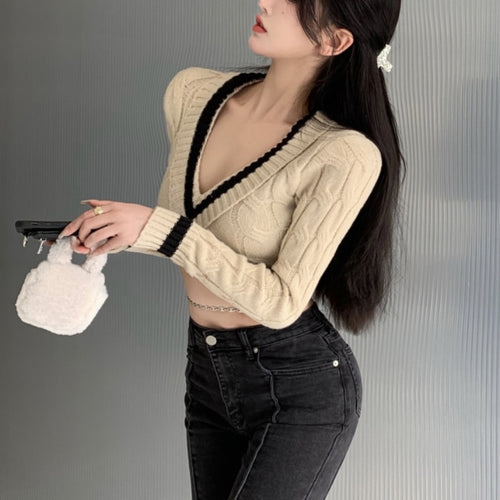 Load image into Gallery viewer, Sexy Women Sweater Pullover V Neck Fashion Knitted Tops Long Sleeve Spring Korean Slim Chic Designed Cropped Sweater
