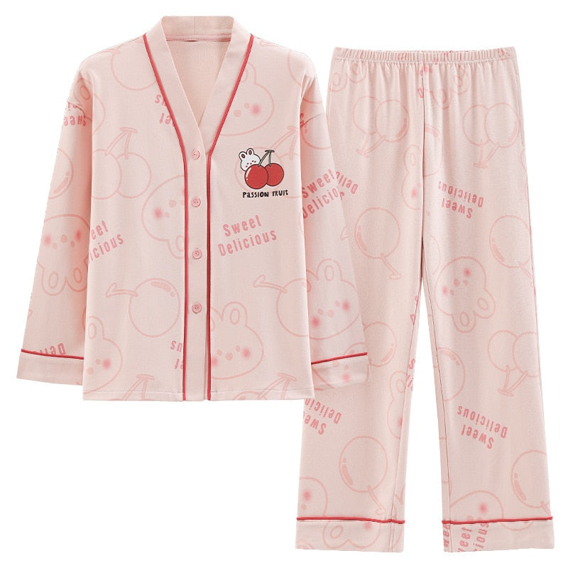 Women's Pajamas Set Cotton Cute Cartoon Print Sleepwear V Neck Homewear Casual Nightwear Femme Nightie for Girl