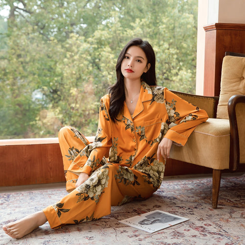 Load image into Gallery viewer, High Quality Women&#39;s Pajamas Set Luxury Golden Floral Print Sleepwear Silky Touch Nightwear Leisure Homewear Femme
