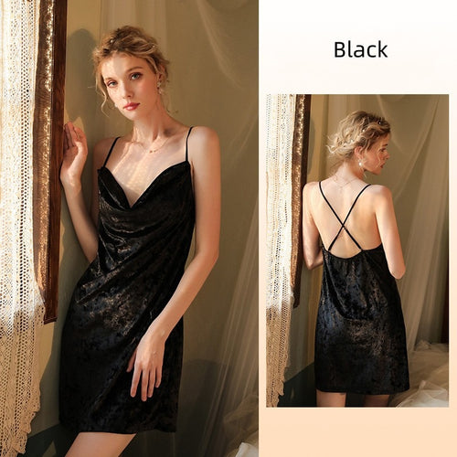 Load image into Gallery viewer, Women&#39;s Pajamas Sling Dress Swing Collar Sexy Nightgown Elegant Velvet Split Skirt Backless Sleepdress Leisure Outwear
