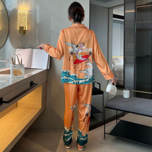 Load image into Gallery viewer, Women&#39;s Imitation Silk Pajamas Spring Autumn Thin Print Long Sleeve Pants Cardigan Set Comfortable Casual Home Suit
