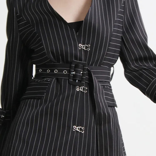 Load image into Gallery viewer, Tunic Patchwork Belt Blazers For Women Notched Collar Long Sleeve Striped Slim Temperament Blazer Female Autumn
