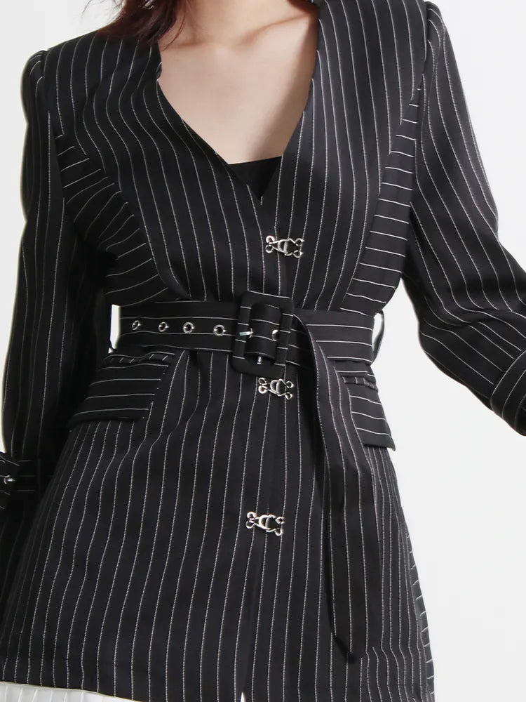 Tunic Patchwork Belt Blazers For Women Notched Collar Long Sleeve Striped Slim Temperament Blazer Female Autumn
