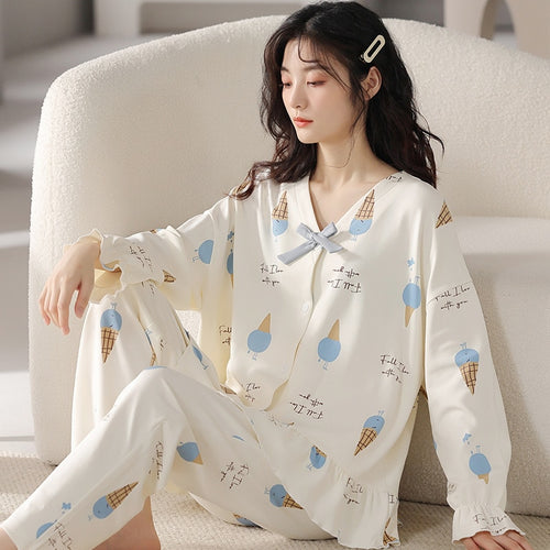 Load image into Gallery viewer, Women&#39;s Pajamas Set Cute Fruit Print Leisure V Neck Sleepwear Cotton Blended Long Casual Homewear Nightwear Femme 3XL
