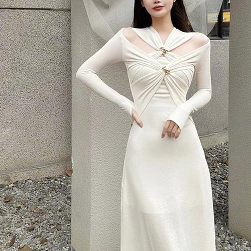 Load image into Gallery viewer, Knitting White Dresses For Women V Neck Long Sleeve High Waist Hollow Out Slim Dress Female Summer Clothing
