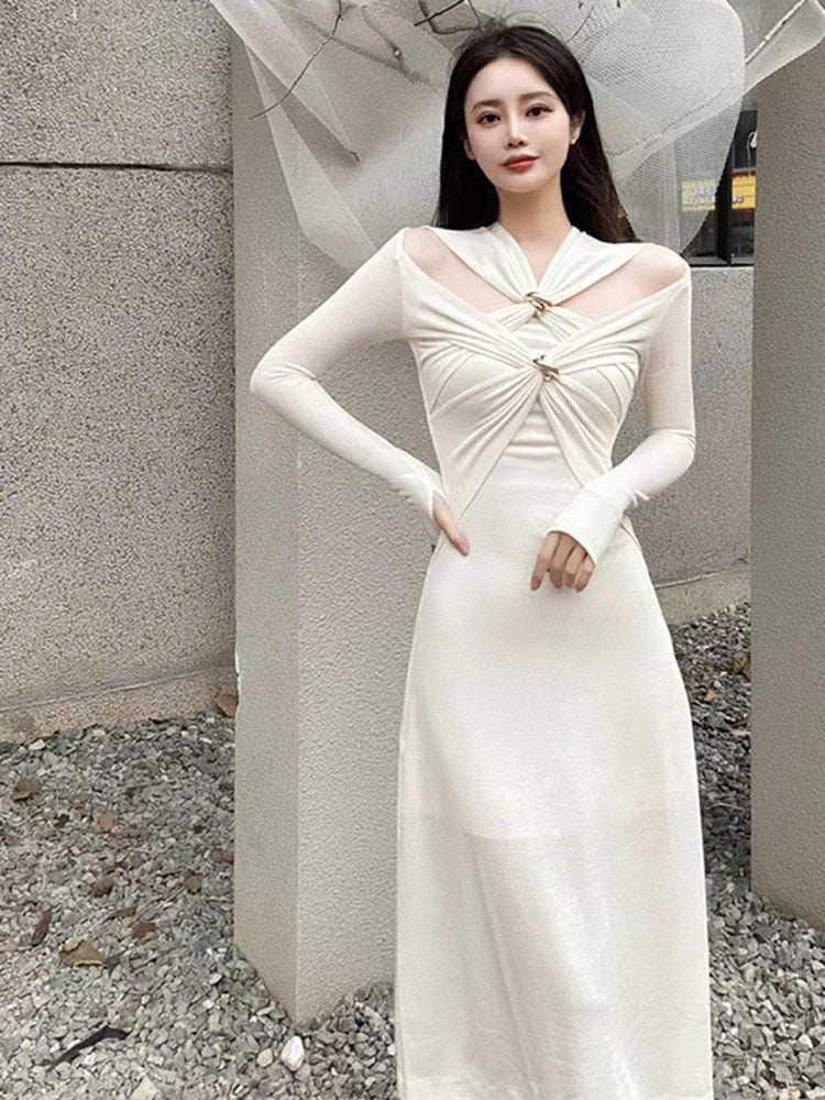 Knitting White Dresses For Women V Neck Long Sleeve High Waist Hollow Out Slim Dress Female Summer Clothing