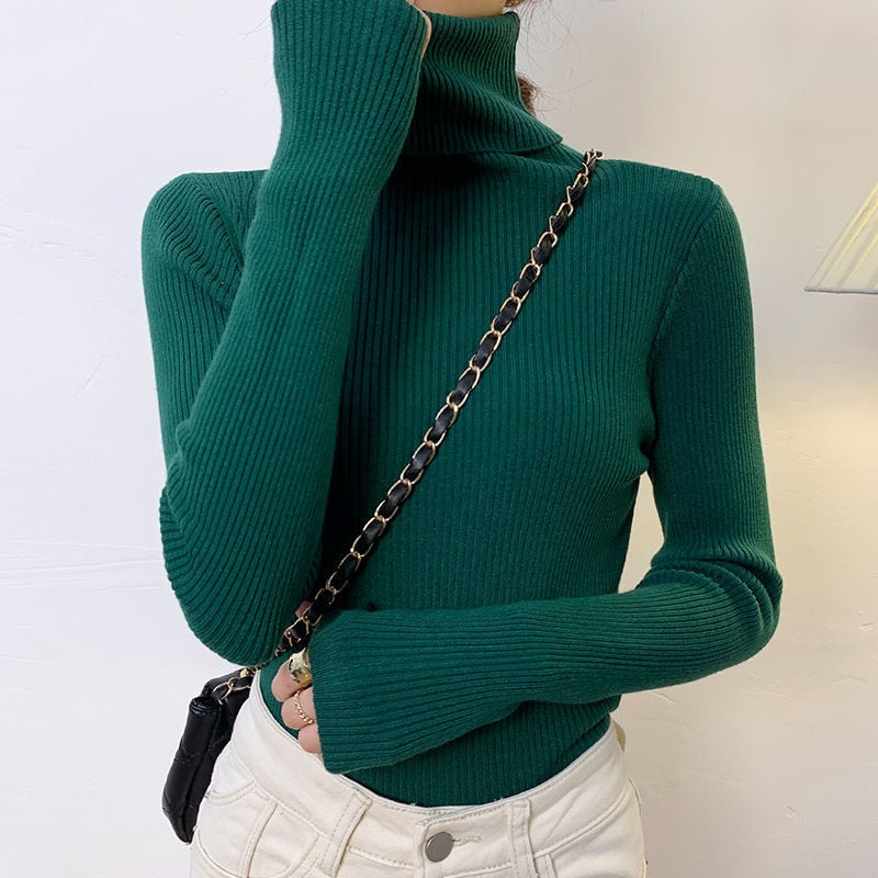 Women Pullover Turtleneck Sweater Autumn Long Sleeve Slim Elastic Korean Simple Basic Cheap Jumper Solid Color Top