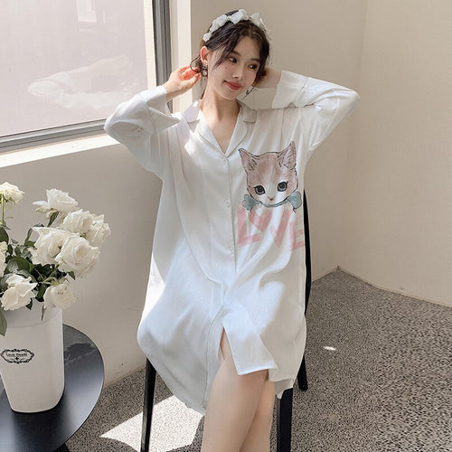 Load image into Gallery viewer, Women&#39;s Summer Pajamas Medium Length Skirt Nightwear Sweet Girl Cartoon Cardigan Homewear Lapel Loose Cool Sleepwear
