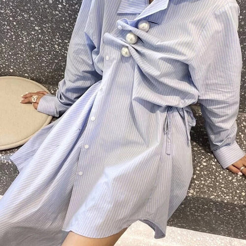 Load image into Gallery viewer, Casual Patchwork Pearl Dress For Women Lapel Long Sleeve Irregular Striped Shirt Dresses Female Fashion Spring
