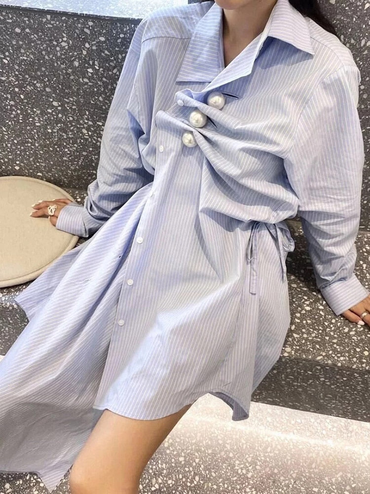 Casual Patchwork Pearl Dress For Women Lapel Long Sleeve Irregular Striped Shirt Dresses Female Fashion Spring