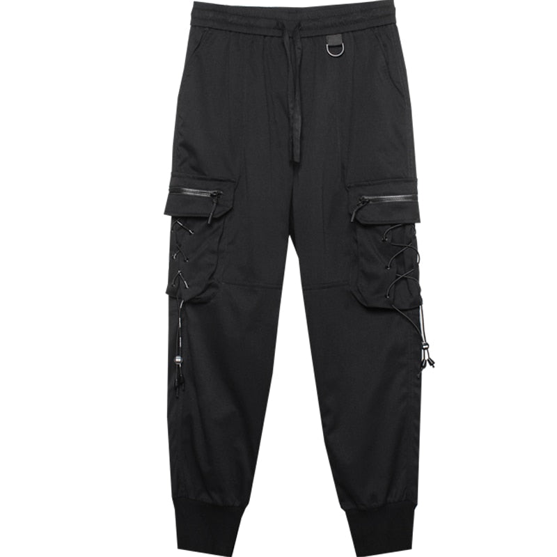 Tactical Functional Pants Joggers Men Pocket Drawstring Design Trousers Autumn Hip Hop Streetwear Harem Pant Black