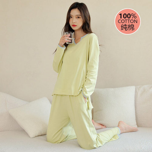 Load image into Gallery viewer, Women&#39;s Pajamas Set Simple Solid Color Pure Cotton Sleepwear V Neck Nightwear Casual 2pcs Homewear Nightie Femme
