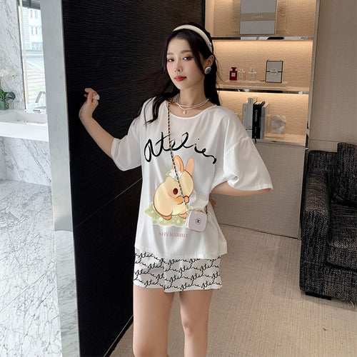 Load image into Gallery viewer, Women&#39;s Silk like Pajamas Cute Short Sleeve Shorts Two Piece Set Round Neck Summer Outwear Casual Home Clothing
