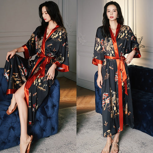 Load image into Gallery viewer, High Quality Women&#39;s Pajamas Long Robe Floral Sleepwear Silk Like Sexy Bathrobe Homewear Luxury Nightwear peignoir femme
