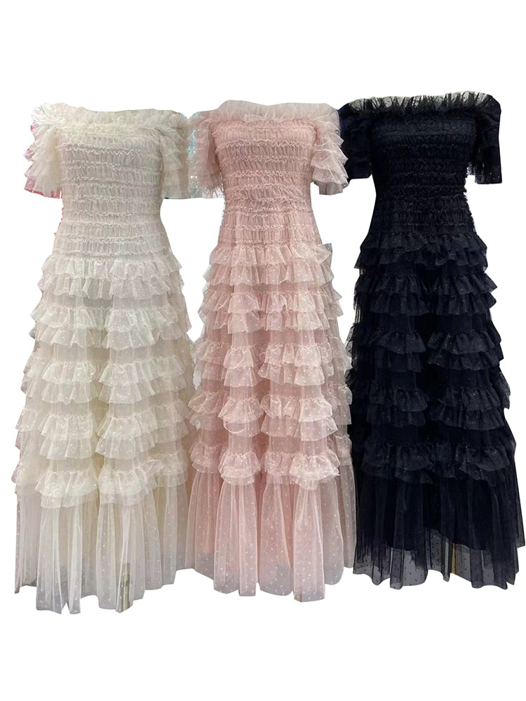 Solid Spliced Ruched Dresses For Women Slash Neck Short Sleeve High Waist Elegant Dress Female Fashion Clothing