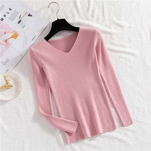 Load image into Gallery viewer, Sexy V Neck Women Pullover Sweater Fashion Autumn Winter Long Sleeve Knitted Jumper Top Casual Korean Slim Basic Blouse
