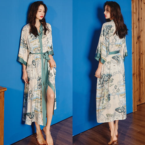 Load image into Gallery viewer, High Quality Women&#39;s Pajamas Long Robe Floral Sleepwear Silk Like Sexy Bathrobe Homewear Luxury Nightwear peignoir femme
