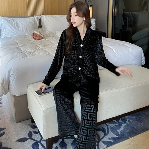 Load image into Gallery viewer, Women&#39;s Pajamas Set Velvet Luxury Pressed Stripes Pattern Sleepwear Casual Homewear V Neck Nightwear Pyjama Femme Petite
