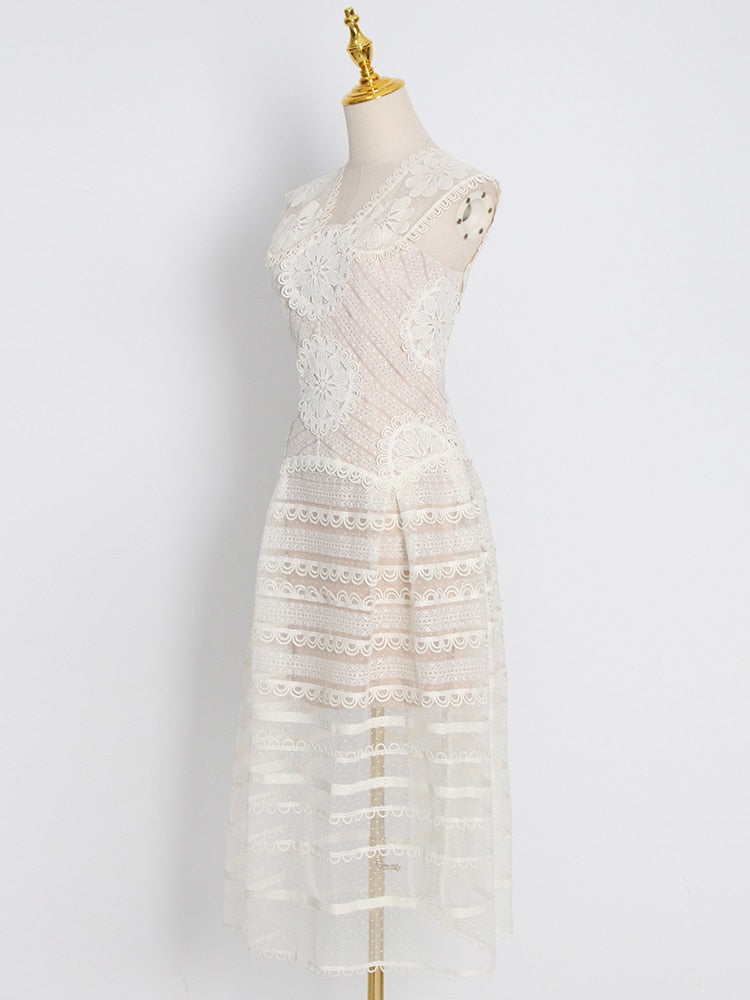 Elegant Embroidery Dress For Women Square Collar Short Sleeve High Waist Midi Dresses Female Spring Fashion Clothes