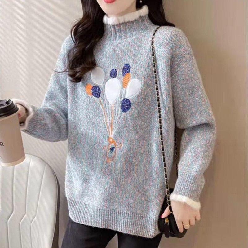 Women Half Turtleneck Sweater Autumn Loose Pullover Knitted Jumper Long Sleeve Cute Embroidery Casual Korean Ladies Tops