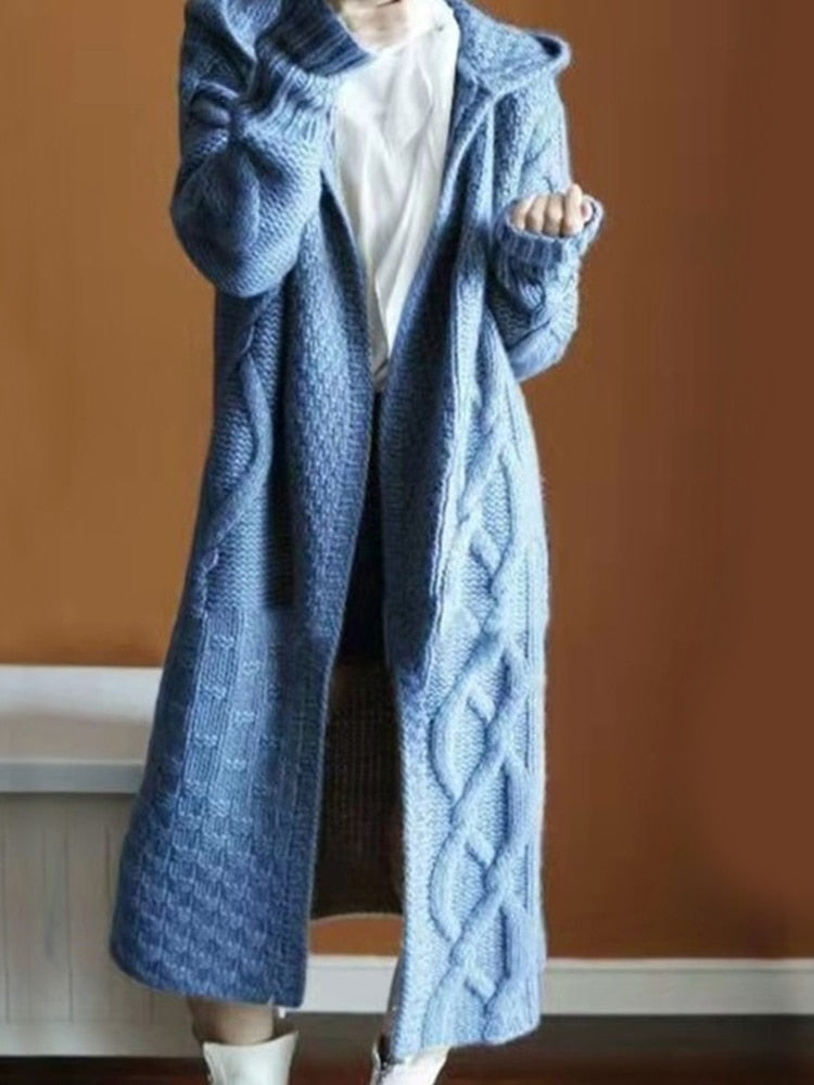Cross Women Sweater Long Cardigans Fall Winter New Knitted Jackets Korean Loose Oversized Long Sleeve Casual Hooded Coats