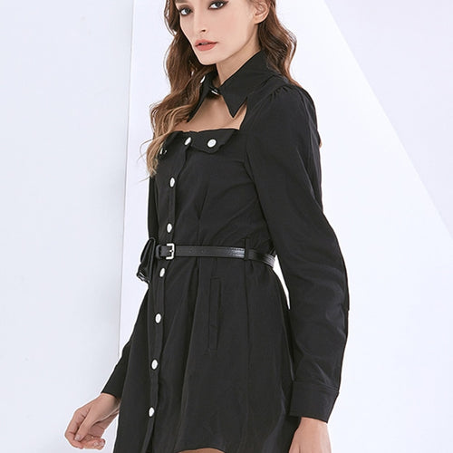 Load image into Gallery viewer, Hollow Out Solid Dresses For Women Lapel Long Sleeve High Waist Tunic Spliced Button Dress Female Fashion Clothing
