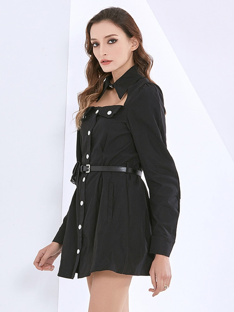 Hollow Out Solid Dresses For Women Lapel Long Sleeve High Waist Tunic Spliced Button Dress Female Fashion Clothing