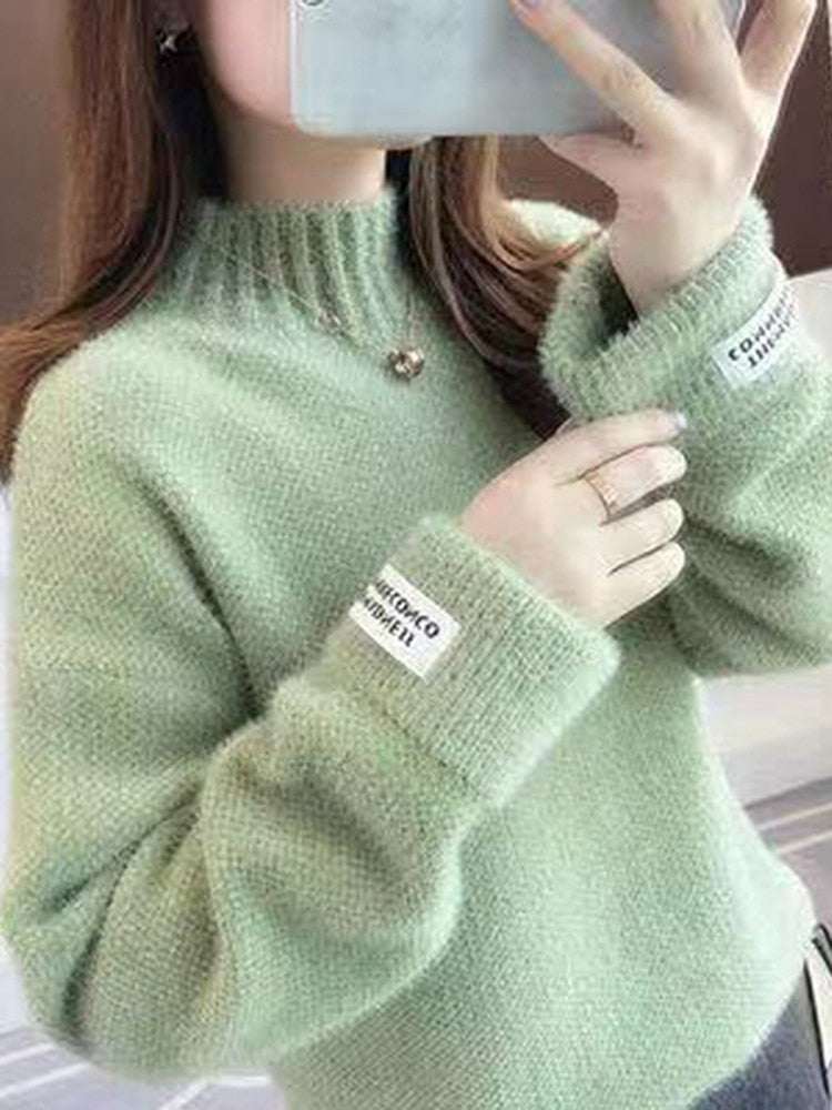 Women Half Turtleneck Sweater Autumn Loose Wool Pullover Knitted Jumper Long Sleeve Letter Top Casual Warm Ladies Blouse