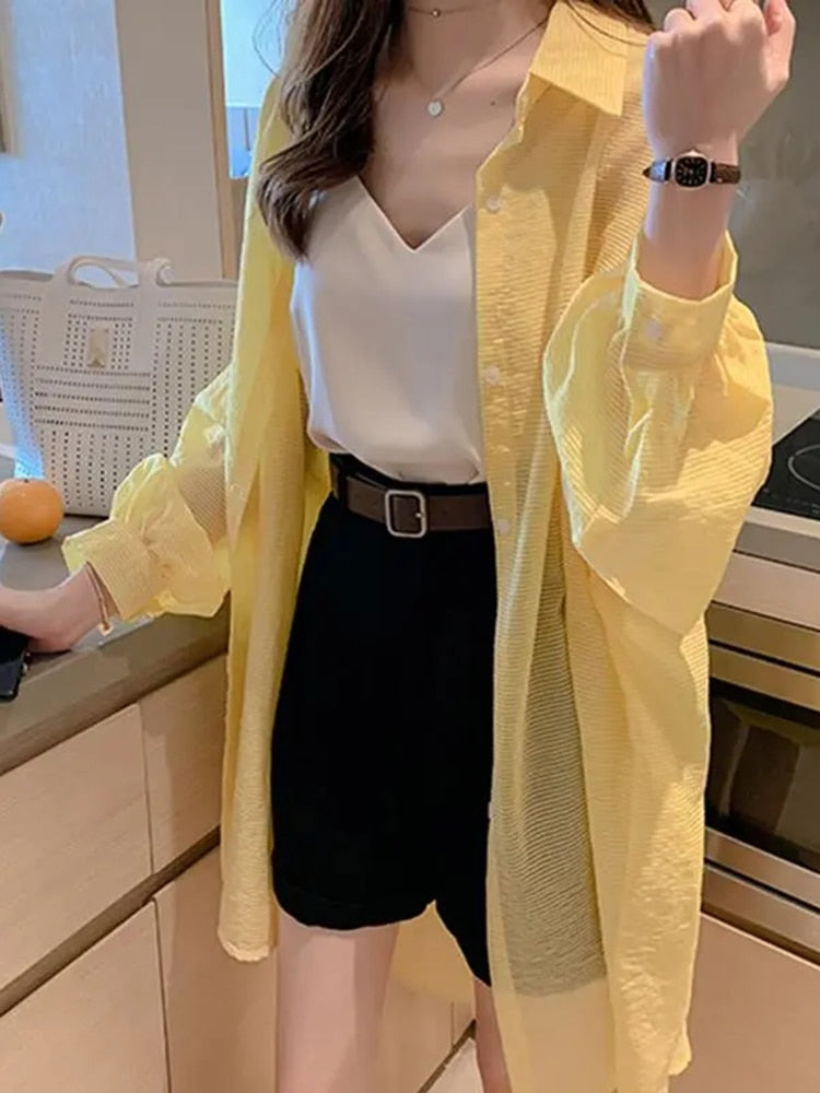 Thin Summer Women Long Shirts Long Sleeve Loose Korean  Oversize Sun Protection Shirt Fashion Button Casual Female Tops