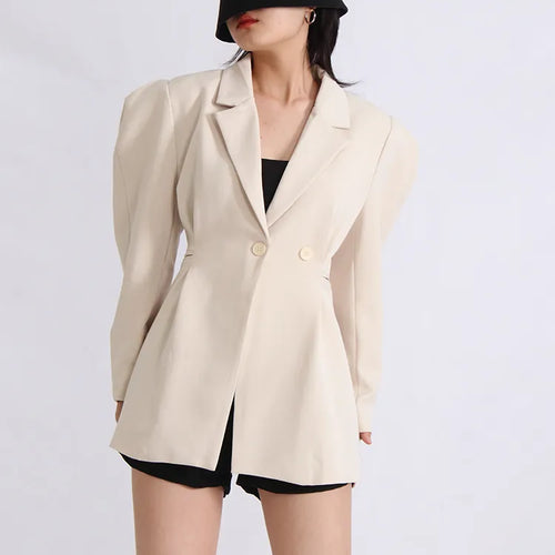 Load image into Gallery viewer, Patchwork Button Solid Blazers For Women Notched Collar Puff Sleeve Tunic Slimming Blazer Female Fashion Clothing
