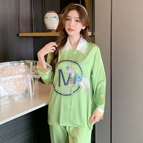 Load image into Gallery viewer, High Quality Women&#39;s Pajamas Set Luxury M Letter Print Sleepwear Point Collar Casual Homewear Nightwear Femme Petite
