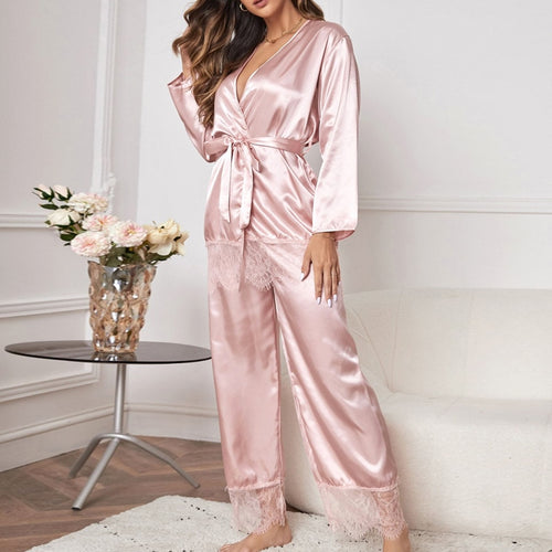 Load image into Gallery viewer, Women&#39;s Pajamas Set Pink Lace Sleepwear with Belt Silk Like Casual Homewear Deep V Sexy Nightwear Femme for Summer
