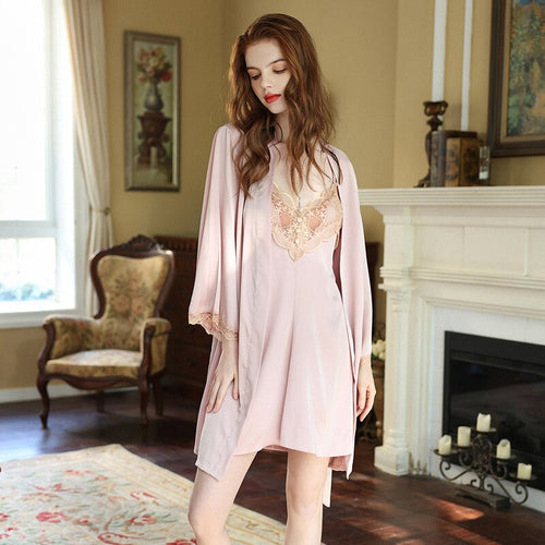 Load image into Gallery viewer, Women&#39;s Pajamas Robe Set Sexy Lace Sling Dress Luxury Nightgown Silk Like Homewear Elegant Sleepdress Bathrobe Femme
