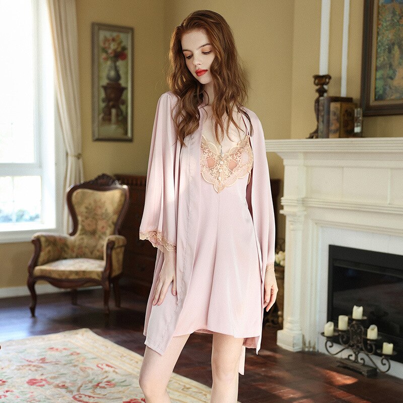 Women's Pajamas Robe Set Sexy Lace Sling Dress Luxury Nightgown Silk Like Homewear Elegant Sleepdress Bathrobe Femme