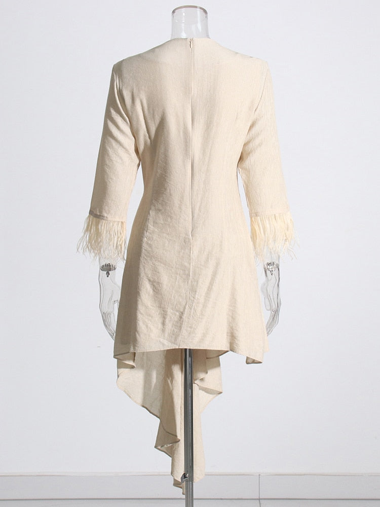 Slim Solid Irregular Dress For Women Round Neck Half Sleeve Patchwork Feathers Asymmetrical Dresses Female Clothing