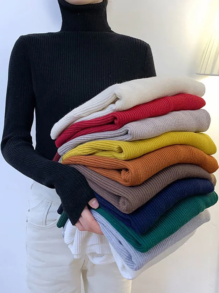 Women Pullover Turtleneck Sweater Autumn Long Sleeve Slim Elastic Korean Simple Basic Cheap Jumper Solid Color Top