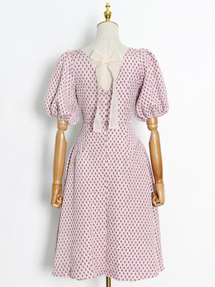 Elegant Bowknot Mini Dress For Women Square Collar Puff Short Sleeve High Waist Colorblock Dresses Females