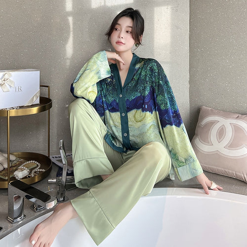 Load image into Gallery viewer, Women&#39;s Pajamas Set Luxury Style Painting Print Sleepwear Satin Silky Touch Homewear V Neck Nightie Casual Home Suit
