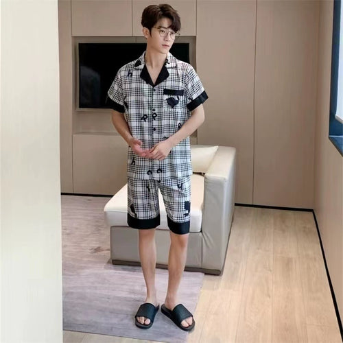 Load image into Gallery viewer, Couple Pajamas Women&#39;s Short Sleeve Cardigan Shorts Two Piece Set Imitation Silk Sleepwear Checker Printing Home Suit
