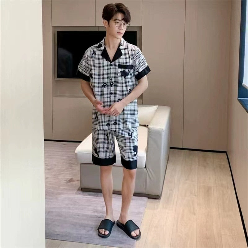 Couple Pajamas Women's Short Sleeve Cardigan Shorts Two Piece Set Imitation Silk Sleepwear Checker Printing Home Suit