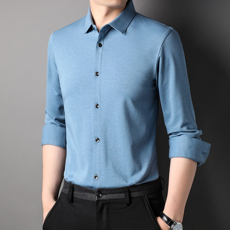 Top Grade Mulberry Silk 5.2% New Slim Fit Fashion Designer Brand Luxury Men Shirts Long Sleeve Plain Casual  Mens Clothes