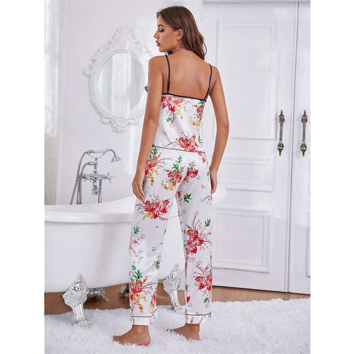 Load image into Gallery viewer, Women&#39;s Pajamas Set Floral Print Sleepwear Silk Like Casual Homewear Sling Camisole Top Pants Nightwear Femme for Summer
