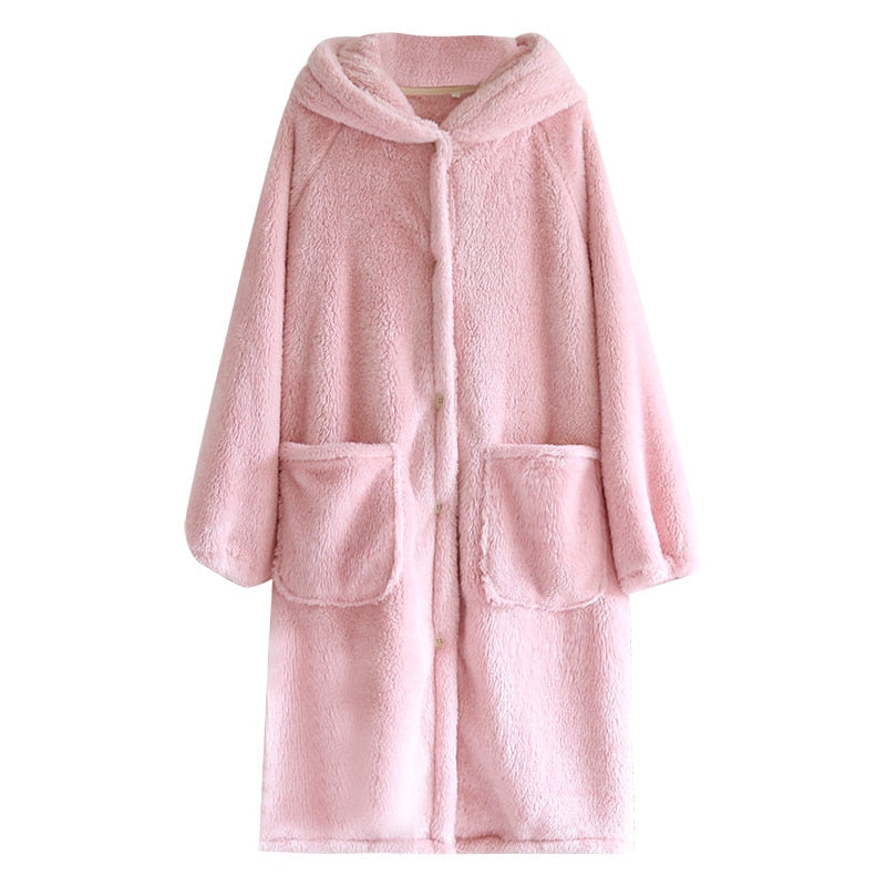 Women's Pajamas Robe Warm Thick Flannel Solid Sleepwear Casual Homewear Cute Hoodie Top Nightwear Femme New for Winter