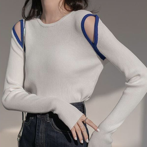 Load image into Gallery viewer, Sexy Hollow Out Women Sweater Autumn Pullover Casual O Neck Off Shoulder Knitted Jumper White Slim High Elastic Tops New

